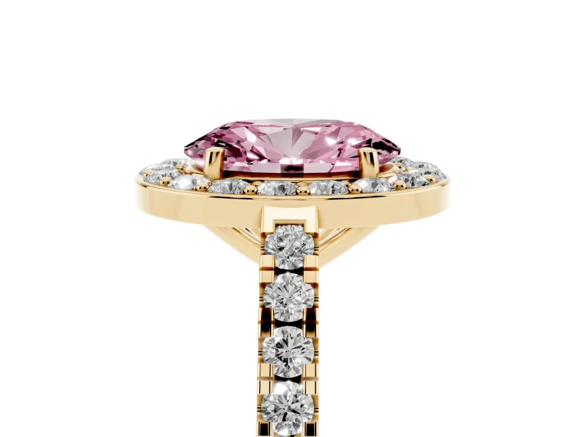 Fancy Pink Oval Cut Diamond Halo Ring with Round Pavé Split Shank and Prong Setting Yellow gold