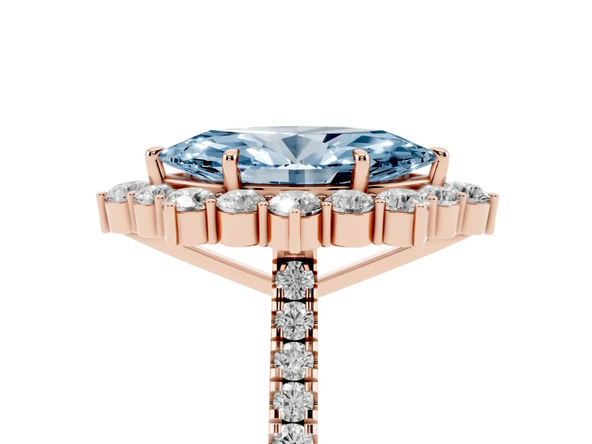 Fancy Blue Marquise Cut Halo Diamond Ring with Pavé Band and Prong Setting Rose gold