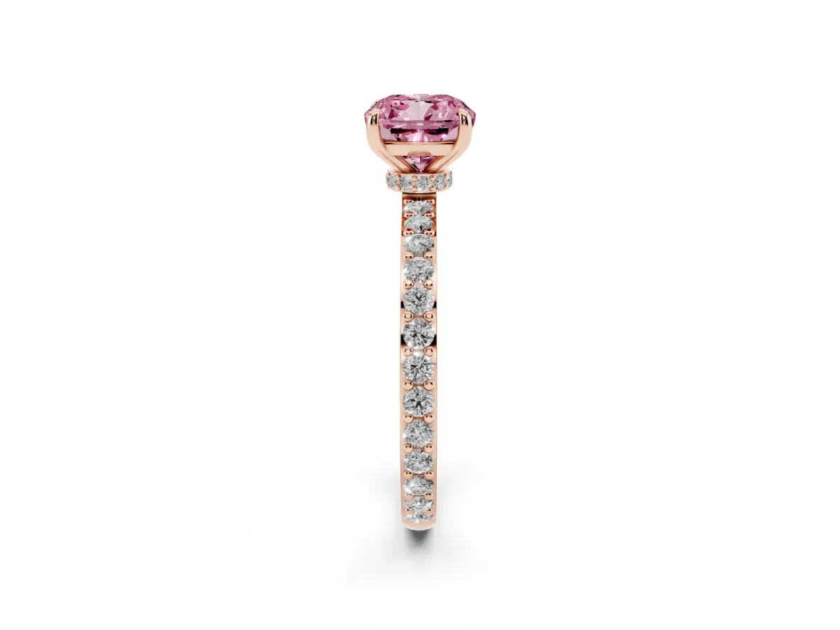 Fancy Pink Cushion Cut Diamond Pavé Engagement Ring with Round Accents and Prong Setting Rose gold