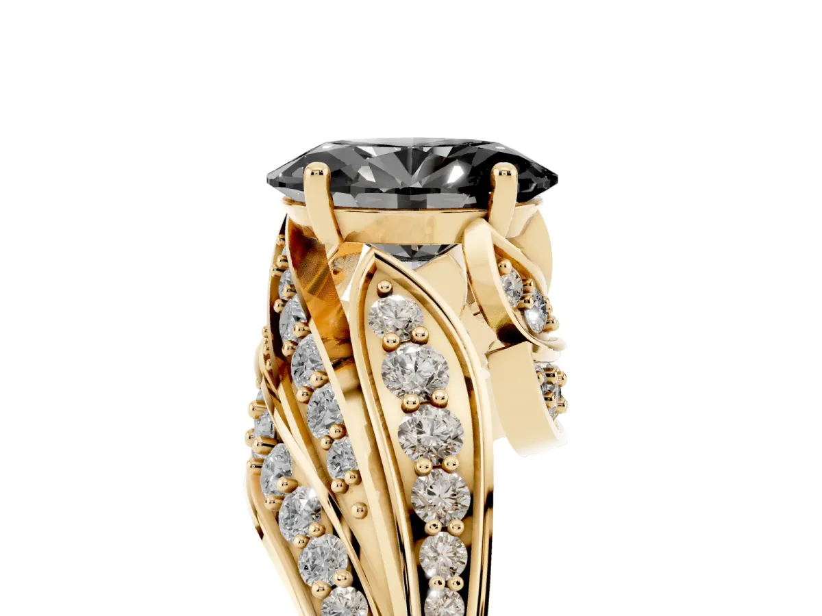 Fancy Black Oval Cut Diamond Solitaire Ring with Prong Setting and Twisted Pavé Band Yellow gold