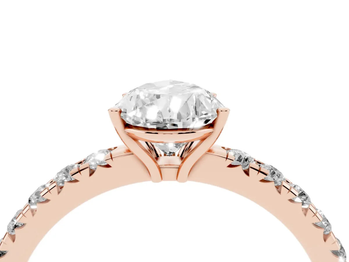 Pear Cut Diamond Pavé Solitaire Engagement Ring with Four-Prong Setting Rose gold