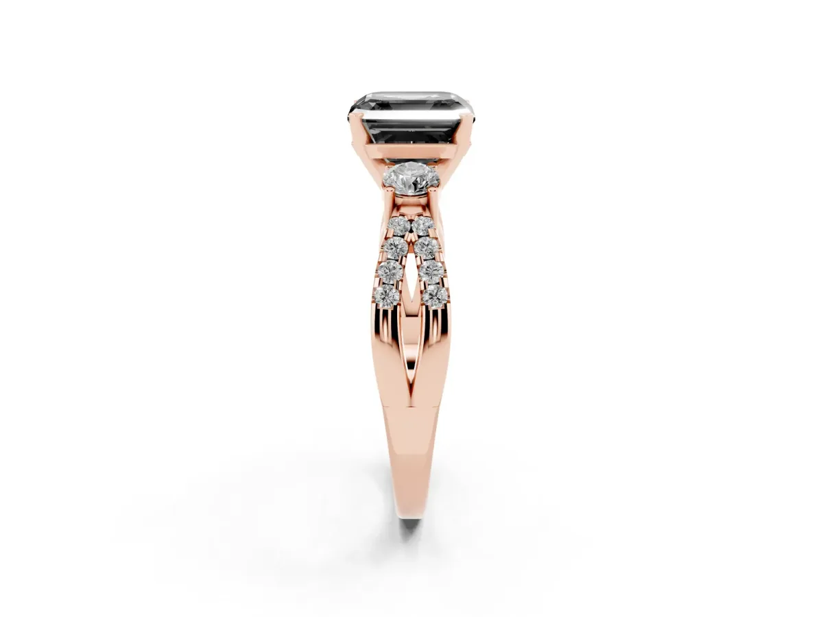 Fancy Black Asscher Cut Diamond Three-Stone Ring with Pavé Split Shank and Four-Prong Setting Rose gold