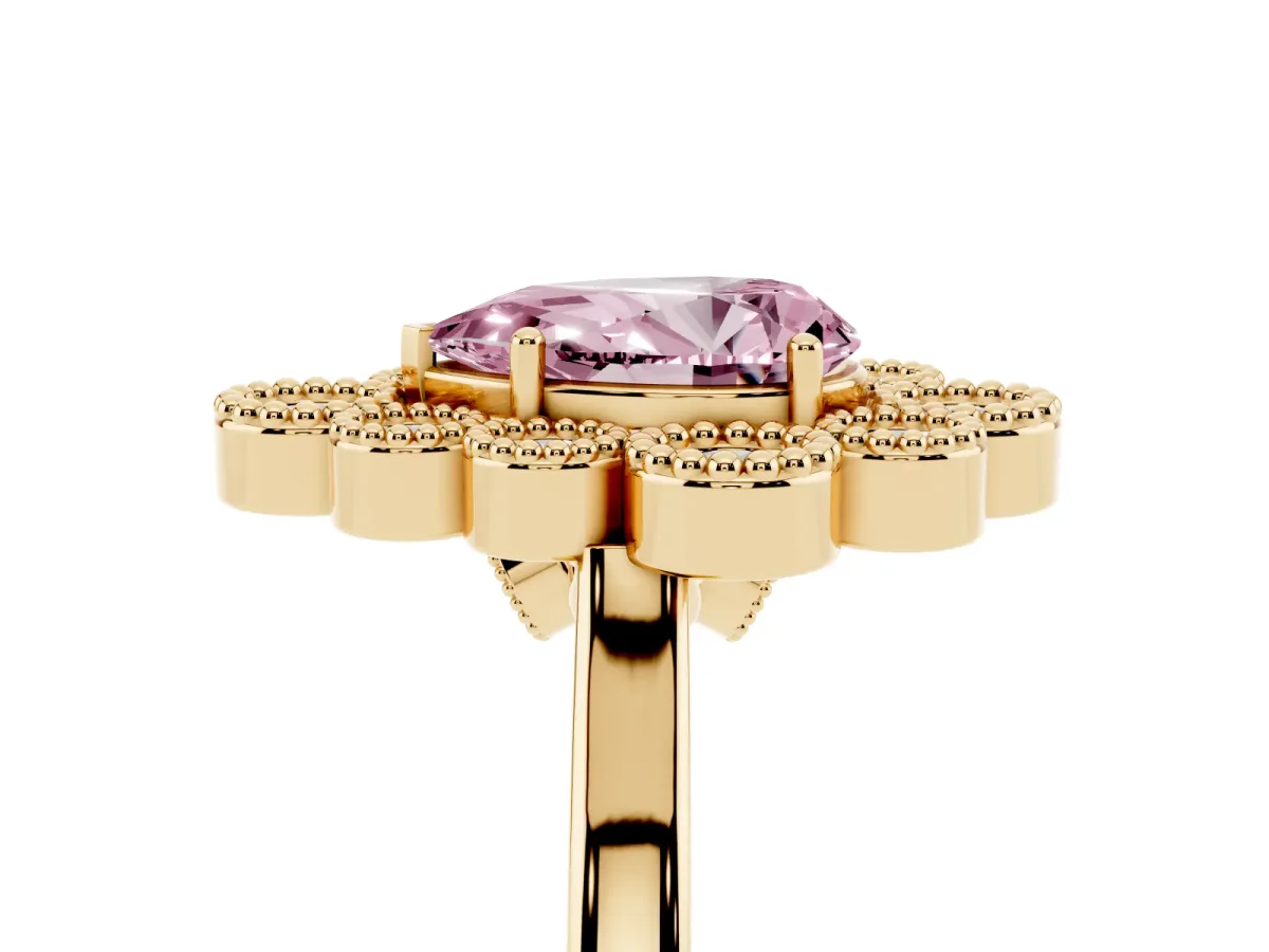 Fancy Pink Pear Cut Halo Diamond Cluster Engagement Ring with Milgrain Bezel Setting and Solitaire Band Yellow gold