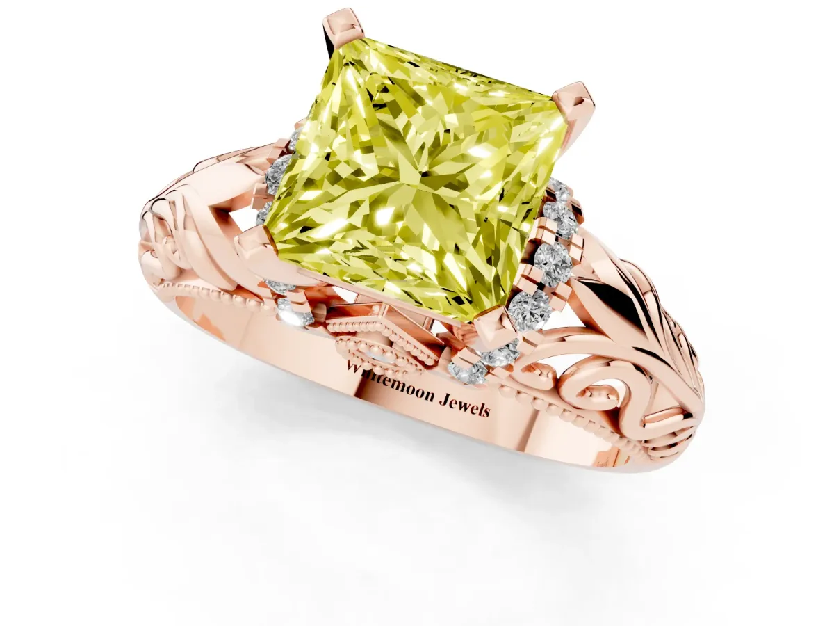 Fancy Yellow Princess Cut Solitaire Filigree Engagement Ring with Halo and Prong Setting Rose gold