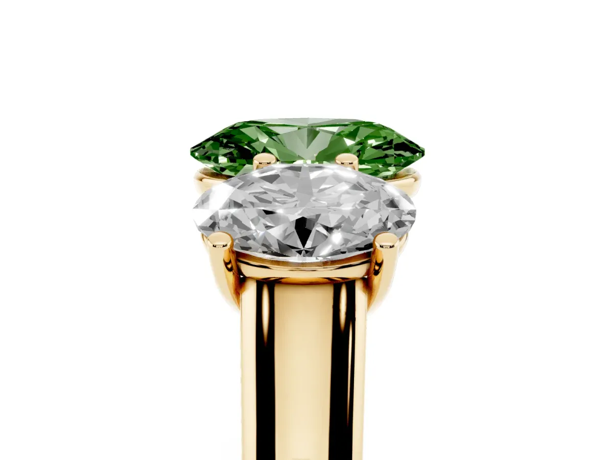 Fancy Green Oval Cut Three-Stone Diamond Ring with Prong Setting on a Classic Band Yellow gold