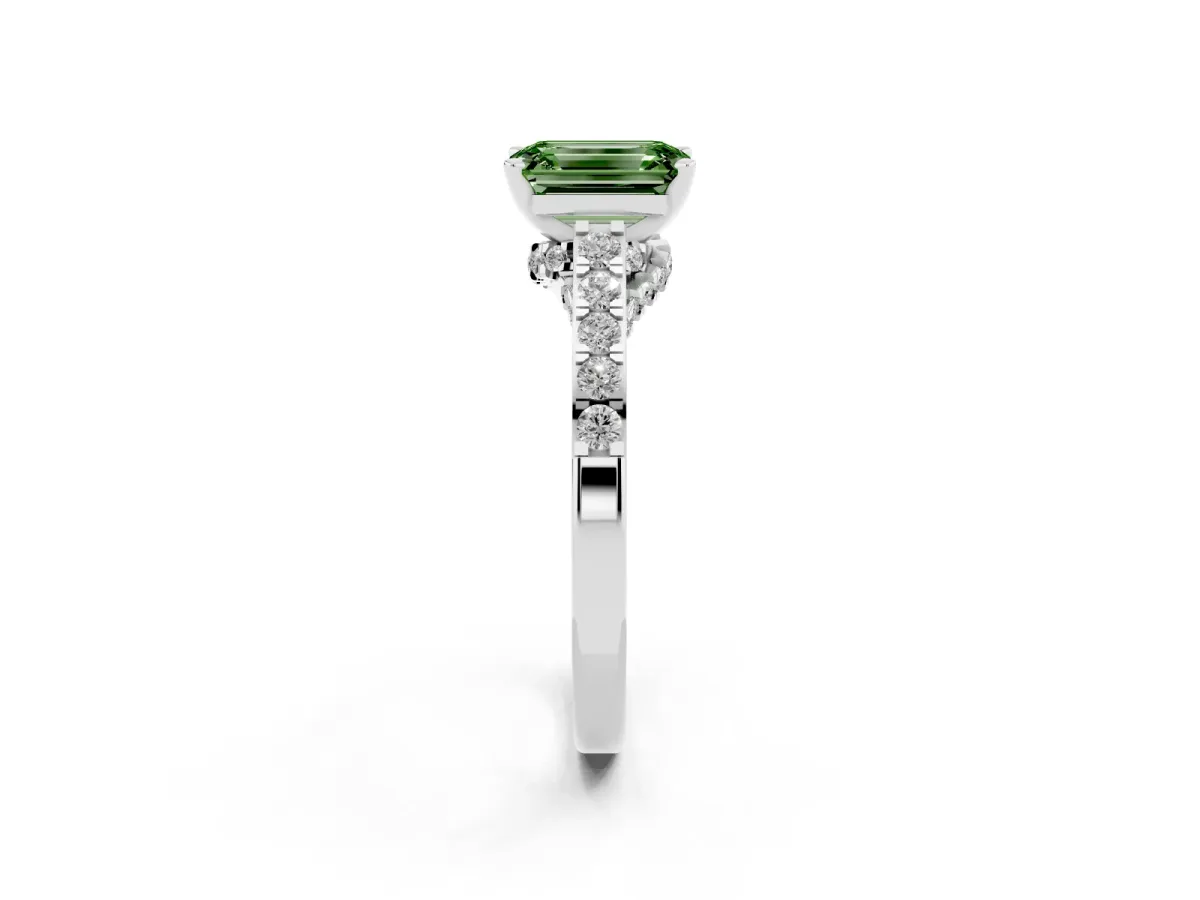 Fancy Green Emerald Cut Diamond Solitaire Ring with Crossover Gallery and Round Pavé Band Silver