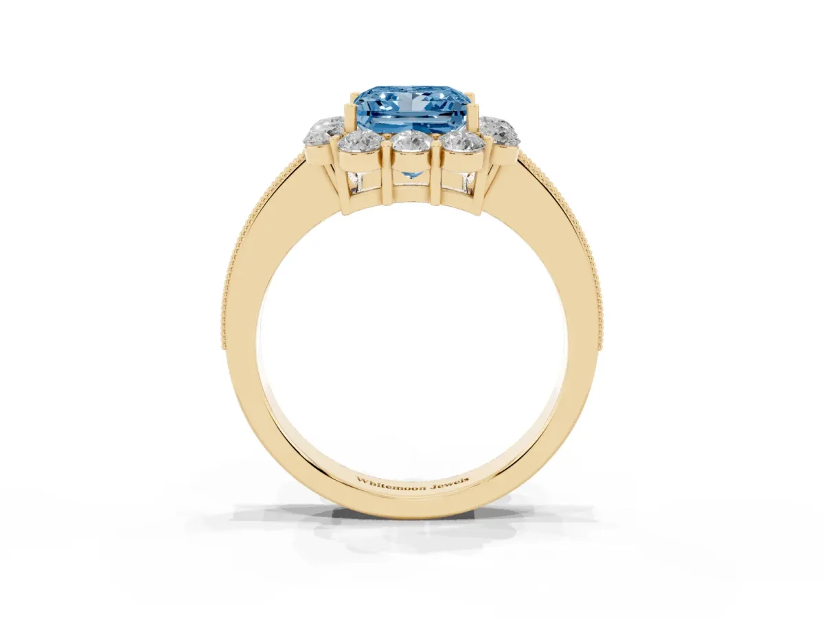 Fancy Blue Princess Cut Cut Halo Diamond Pavé Engagement Ring with Milgrain Detailing Yellow gold