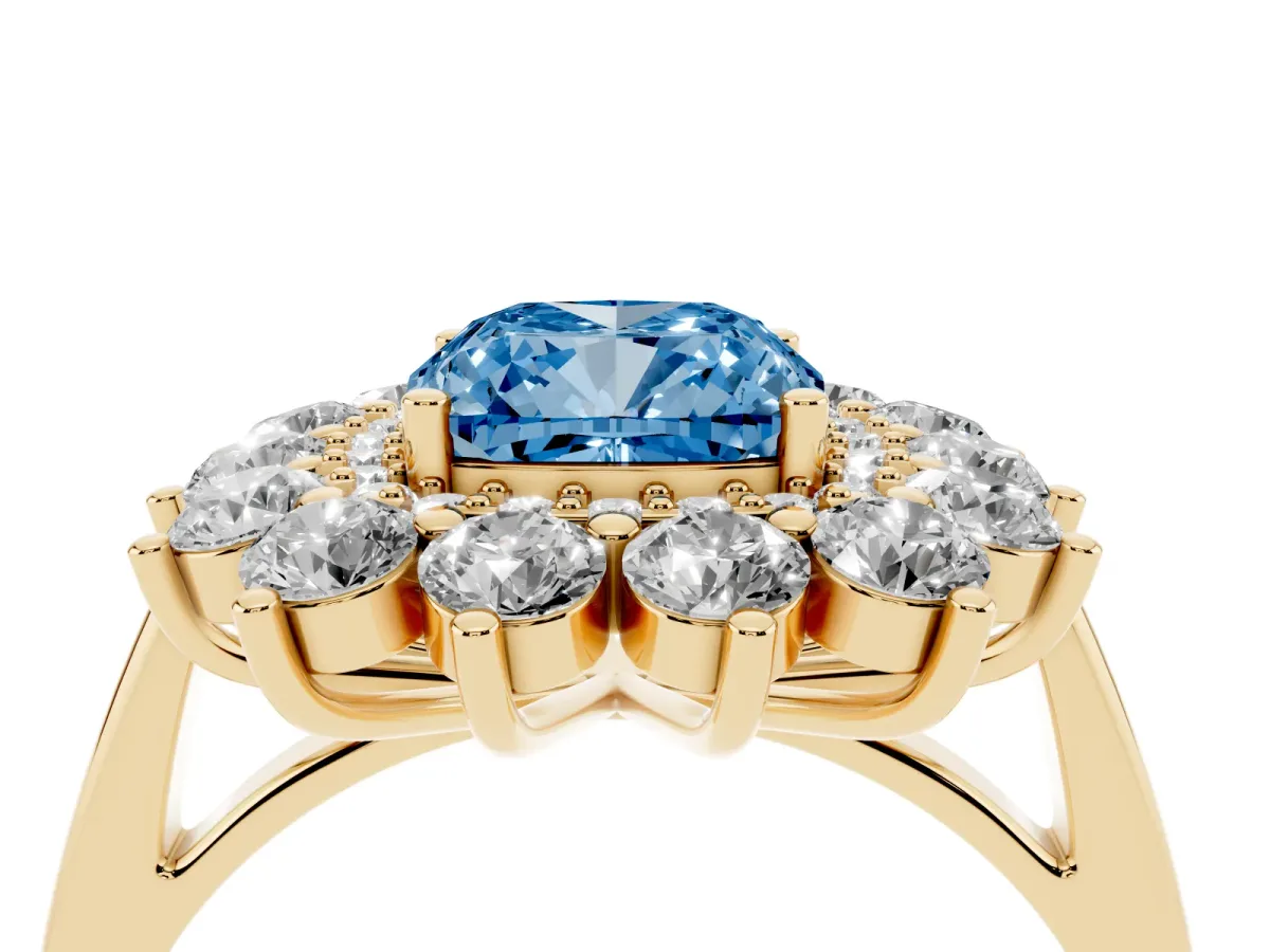 Fancy Blue Cushion Cut Diamond Floral Double Halo Engagement Ring with Prong Setting Yellow gold