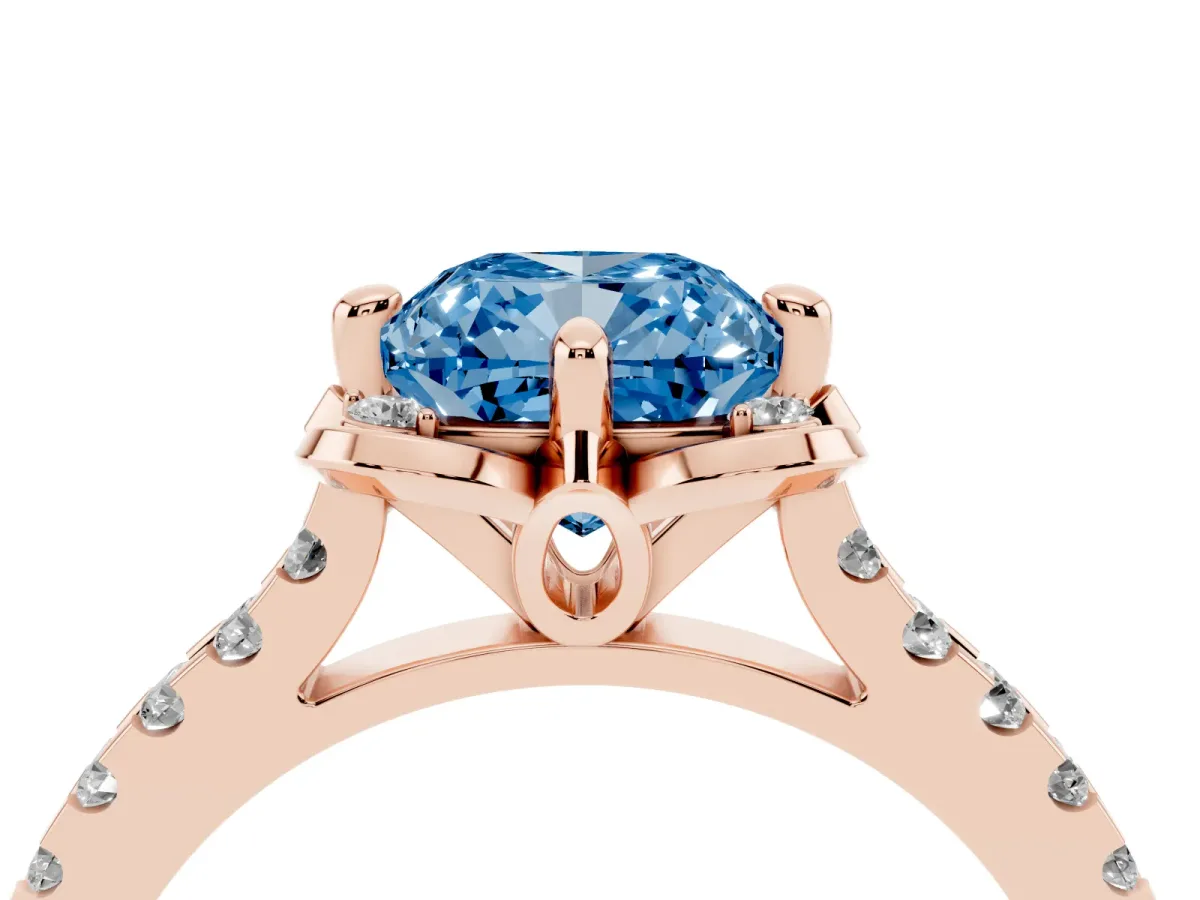 Fancy Blue Cushion Cut Diamond Ring with Pavé Band and Floral Prong Setting Rose gold