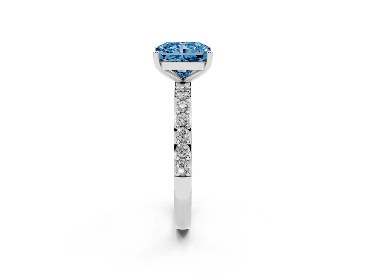 Fancy Blue Radiant Cut Cut Diamond Solitaire with Pave Band and Four-Prong Setting Silver