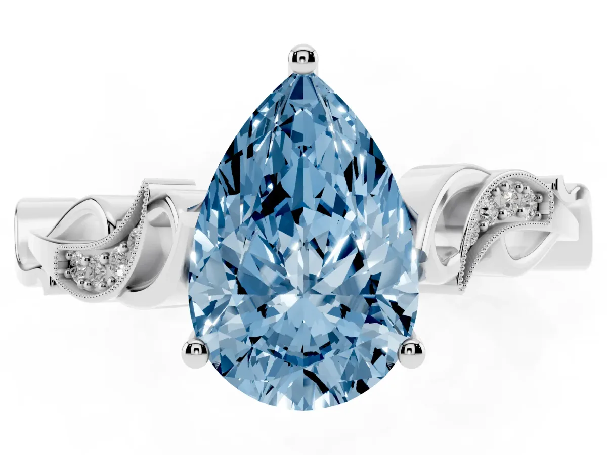 Fancy Blue Pear Cut Solitaire Vine Band with Milgrain Prong Setting Platinum