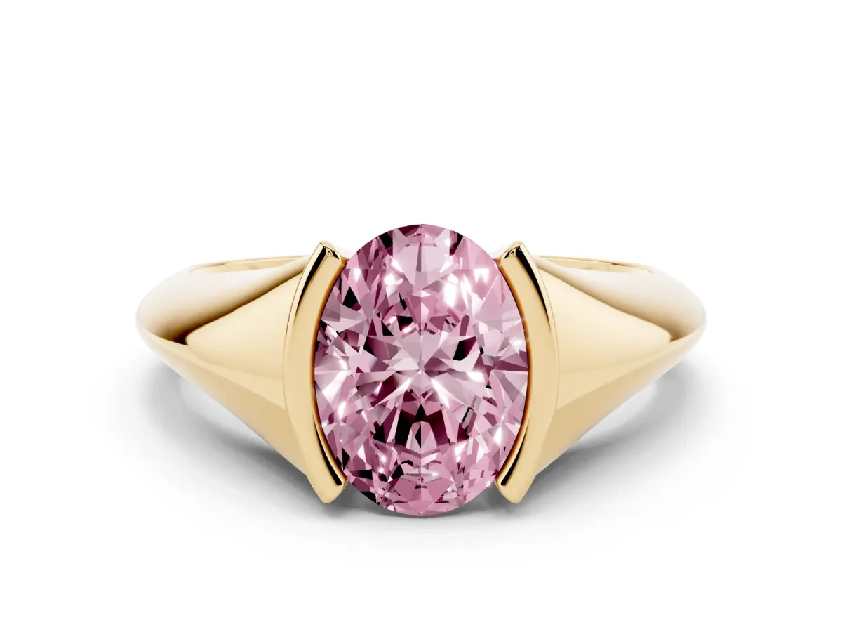 Fancy Pink Oval Cut Solitaire Tension Set Diamond Ring Yellow gold