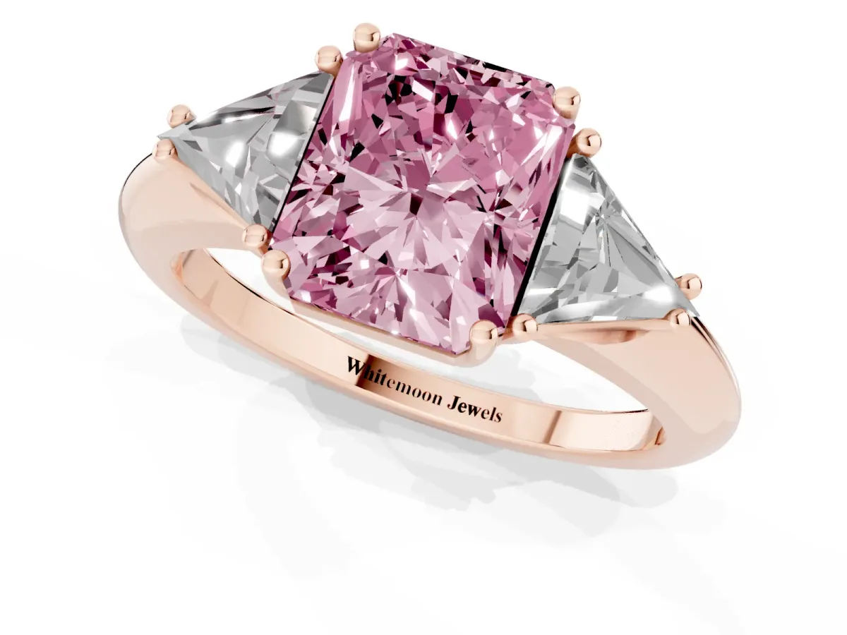 Fancy Pink Three-Stone Radiant Cut Diamond Engagement Ring with Trillion Side Stones and Prong Setting Rose gold