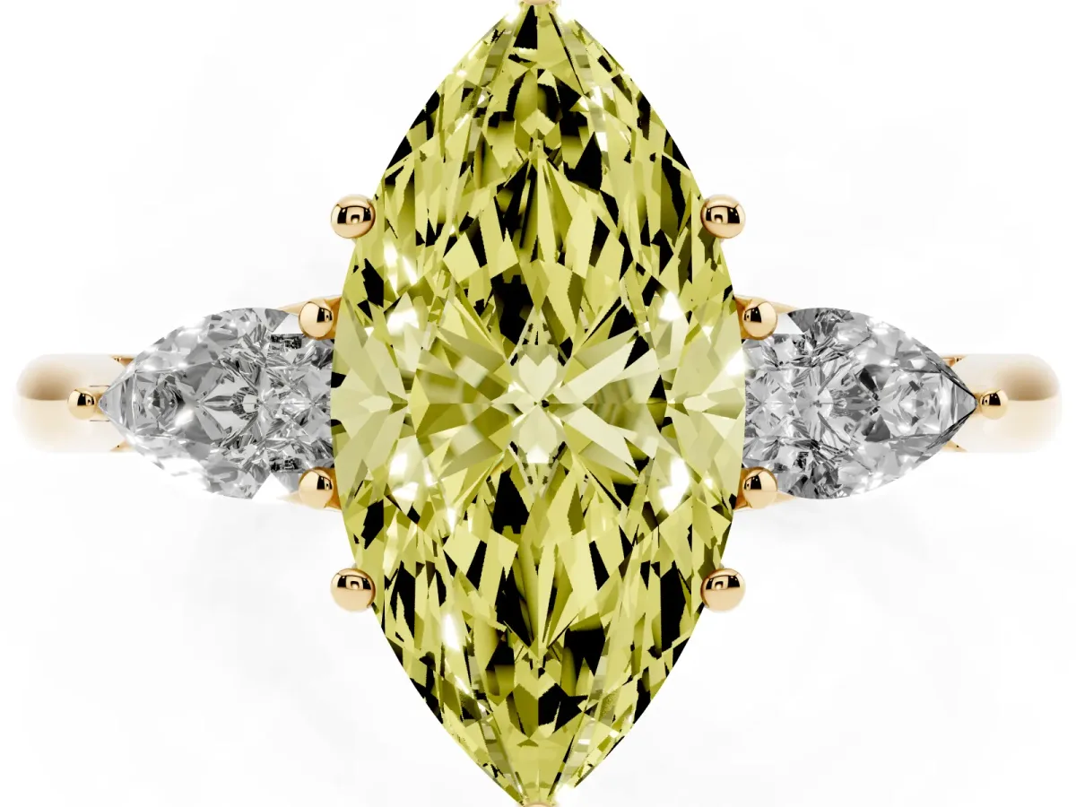 Fancy Yellow Marquise Cut Diamond Three-Stone Ring with Pear Side Stones and Prong Setting Yellow gold