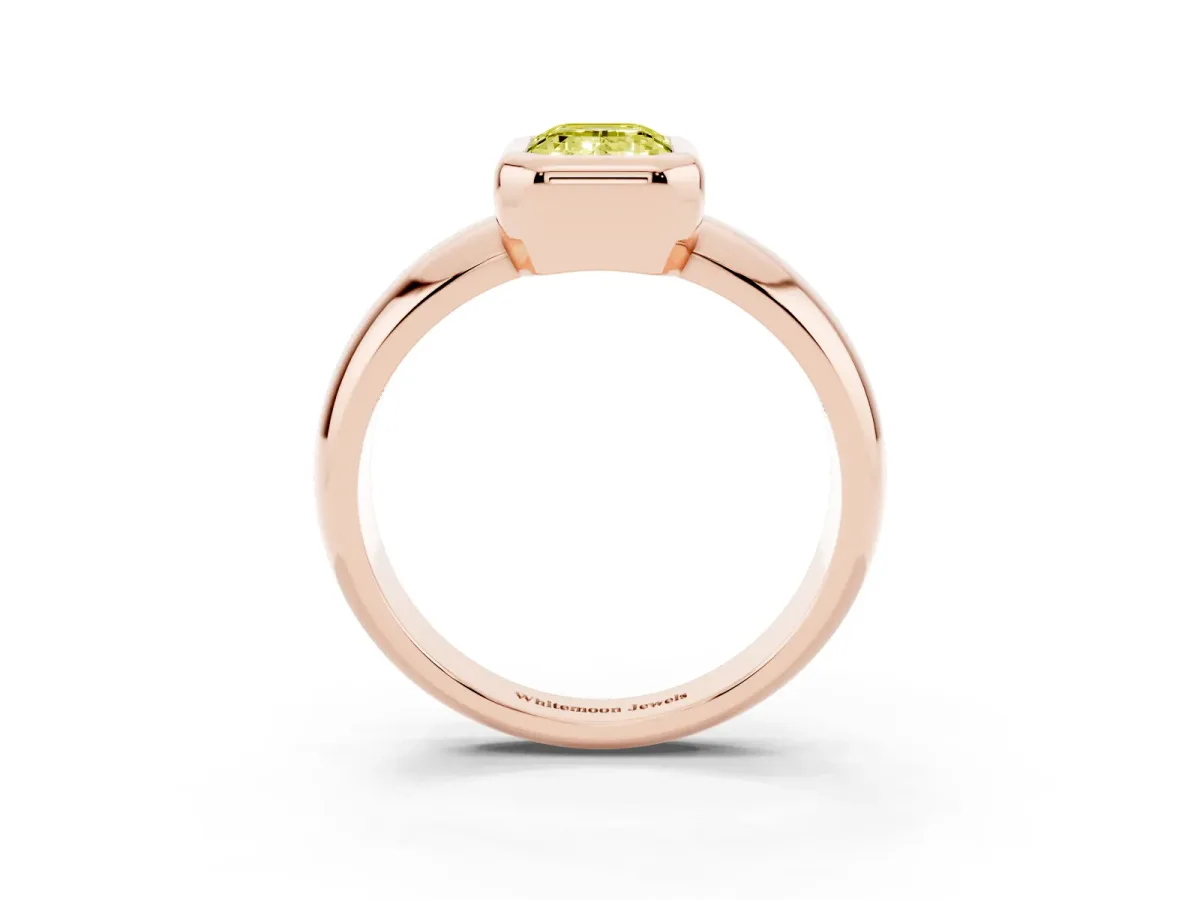 Fancy Yellow Bezel Set Emerald Cut Solitaire Ring with Wide Band Rose gold