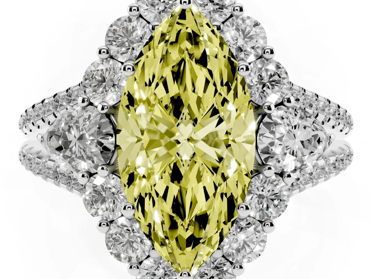 Fancy Yellow Marquise Cut Halo Split Shank Diamond Engagement Ring with Prong Setting Silver