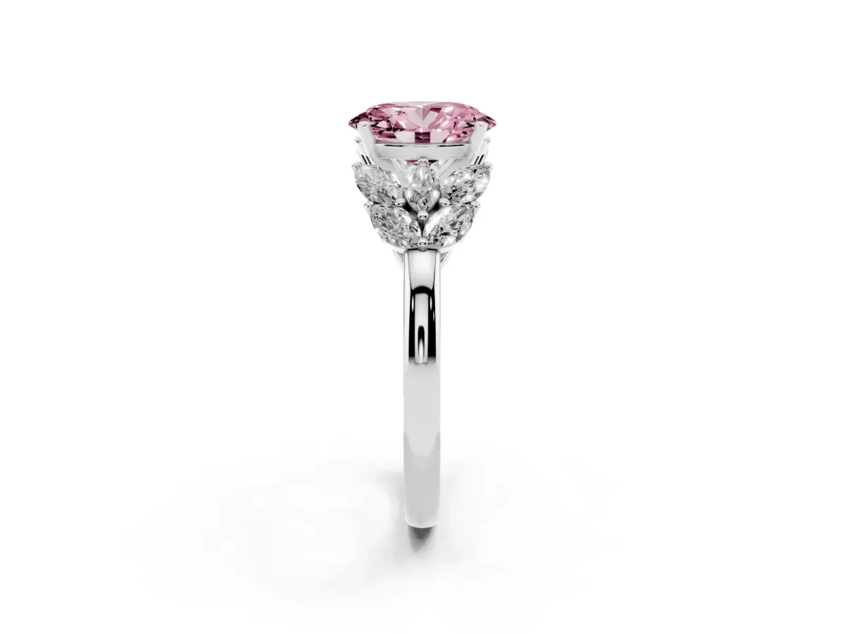 Fancy Pink Oval Cut Diamond Cluster Leaf Design Ring with Prong Setting Platinum