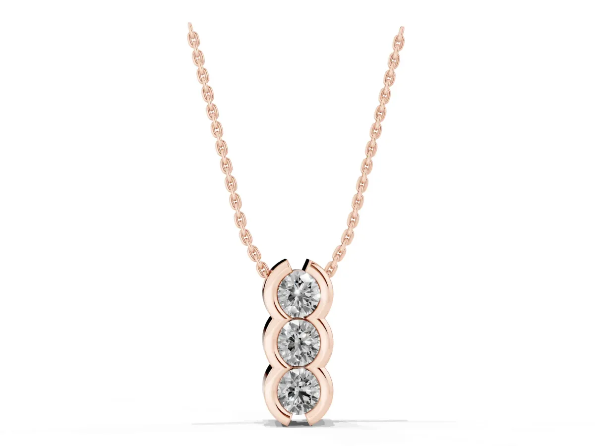 Three Stone Round Diamond Shared Prong Pendant Rose gold