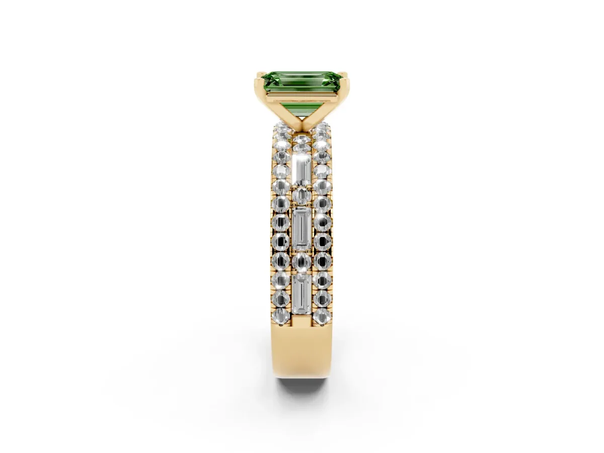 Fancy Green Emerald Cut Diamond Solitaire Ring with Pavé and Channel Set Band Yellow gold