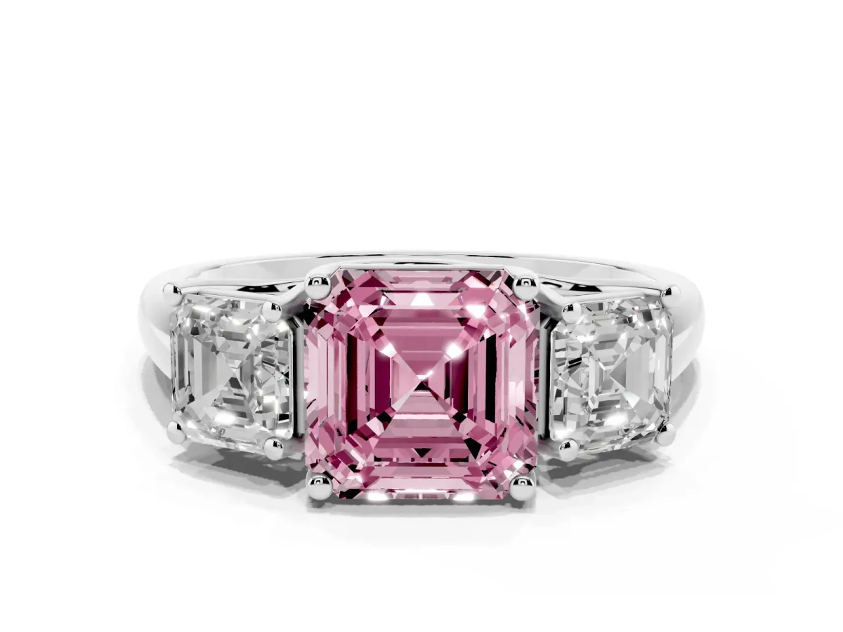 Fancy Pink Three-Stone Asscher Cut Diamond Engagement Ring with Prong Setting Silver