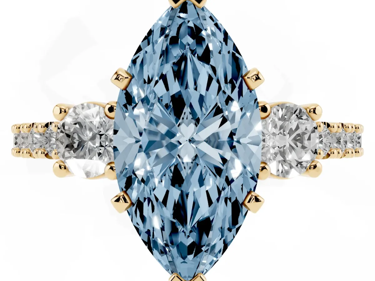 Fancy Blue Marquise Cut Three-Stone Diamond Pavé Band with Prong Setting Yellow gold
