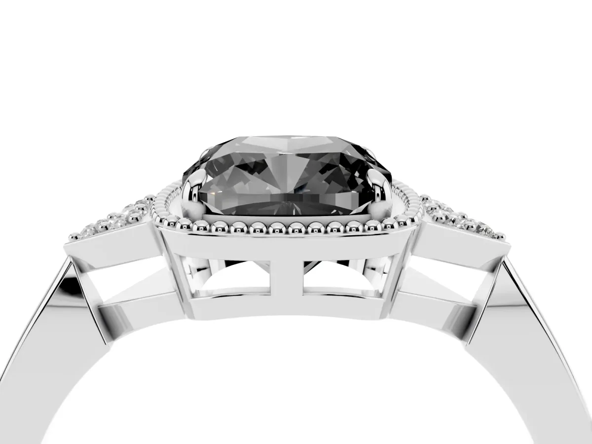 Fancy Black Hexagonal Halo Cushion Cut Diamond Solitaire with Pavé Band and Four-Prong Setting Silver