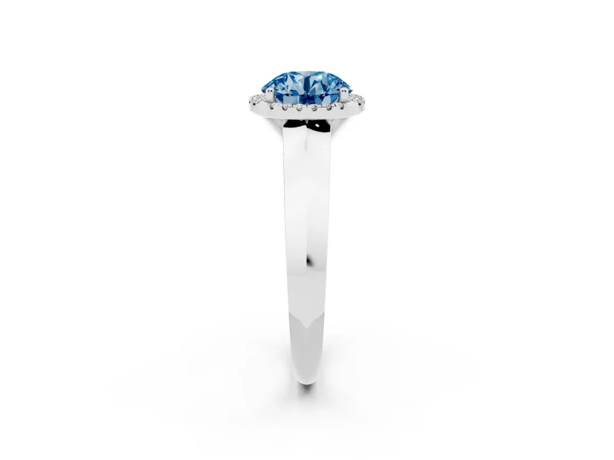 Fancy Blue Round Cut Halo Diamond Ring with Cathedral Band and Four-Prong Setting Platinum
