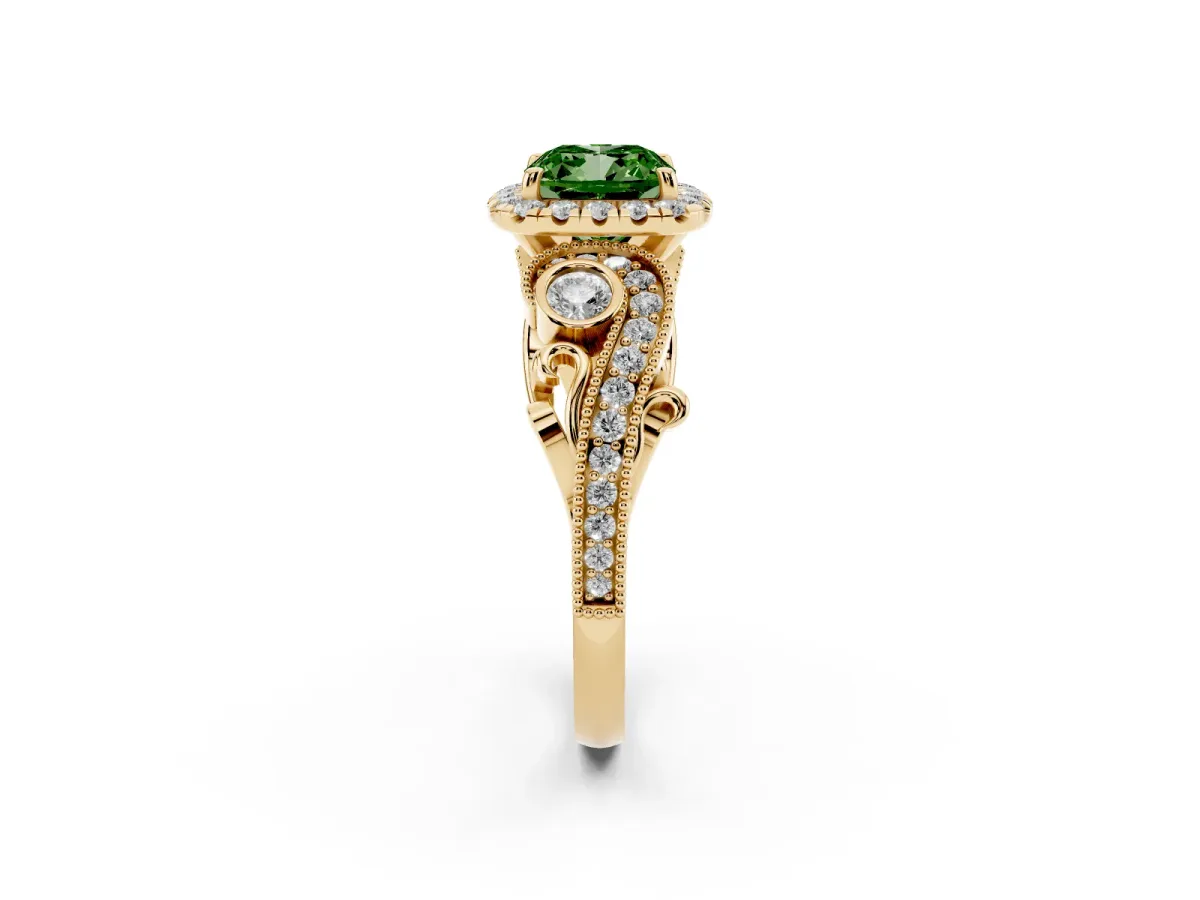Fancy Green Cushion Cut Halo Diamond Ring with Milgrain and Bezel Accents on a Split Shank Band Yellow gold