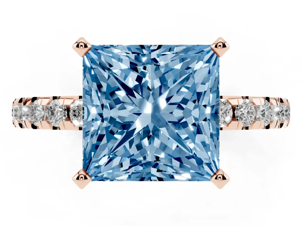 Fancy Blue Princess Cut Diamond Solitaire Ring with Round Pavé Band and Four-Prong Setting Rose gold