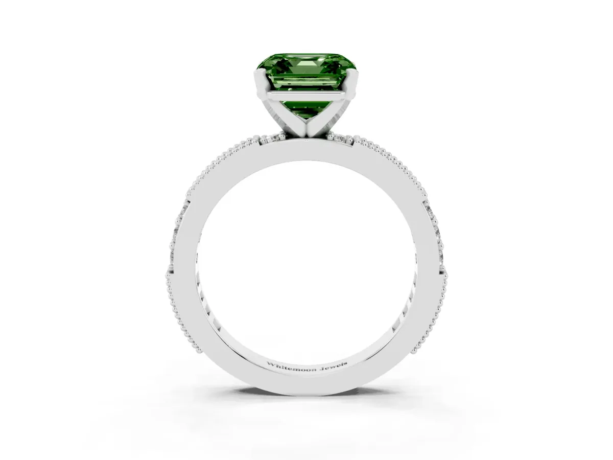Fancy Green Asscher Cut Solitaire with Pavé Band and Four-Prong Setting Silver