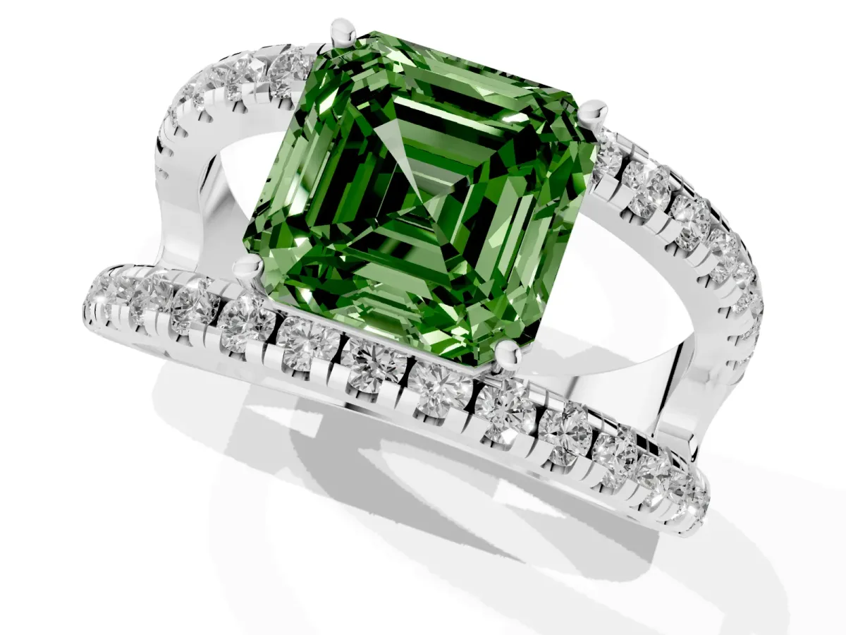 Fancy Green Asscher Cut Solitaire Split Shank Pave Diamond Ring Platinum
