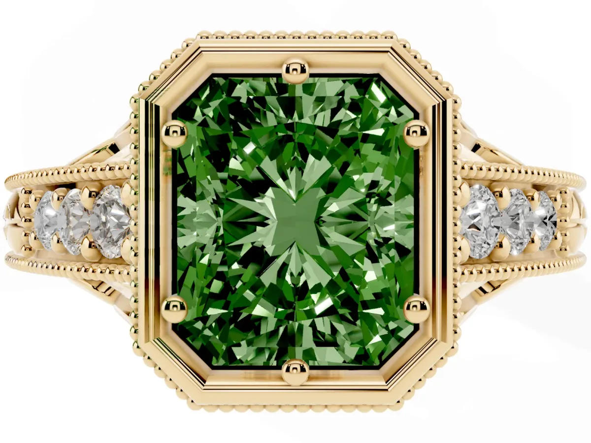 Fancy Green Bezel Set Radiant Cut Diamond Milgrain Pave Engagement Ring Yellow gold
