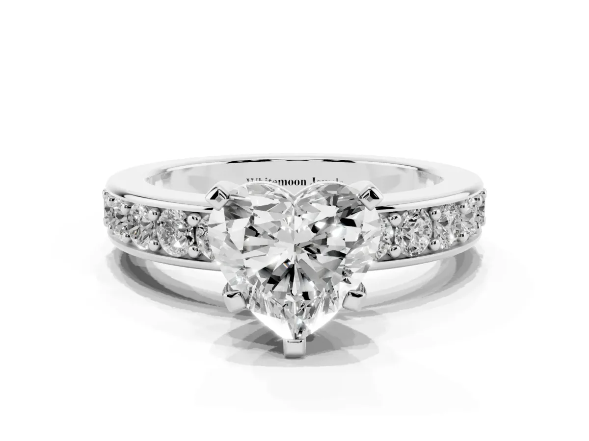 Heart Cut Diamond Engagement Ring with Channel Set Round Band and Prong Setting Silver