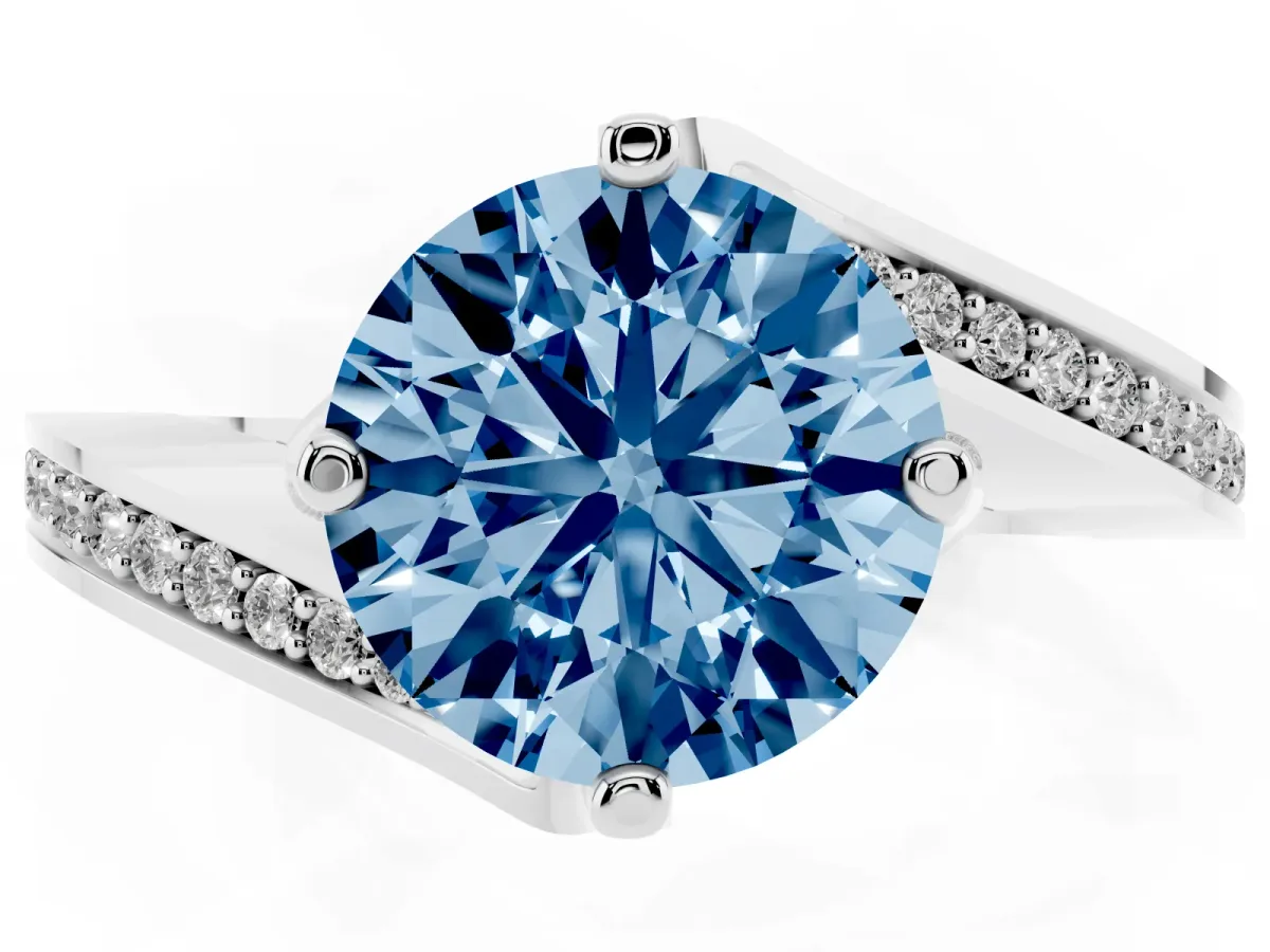 Fancy Blue Round Cut Solitaire Diamond Twist Band with Pavé Setting and Four-Prong Setting Silver