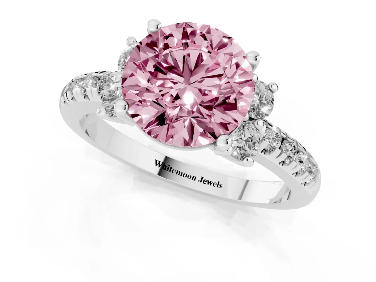 Fancy Pink Round Cut Diamond Three-Stone Pave Band with Four-Prong Setting Silver