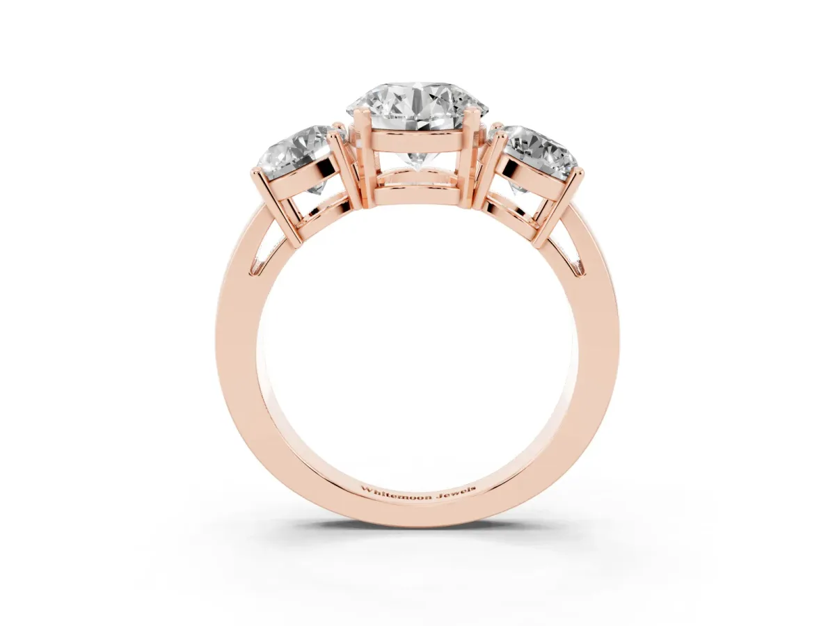 Three-Stone Round Cut Diamond Ring with Round Side Stones, Classic Band, and Four-Prong Setting Rose gold