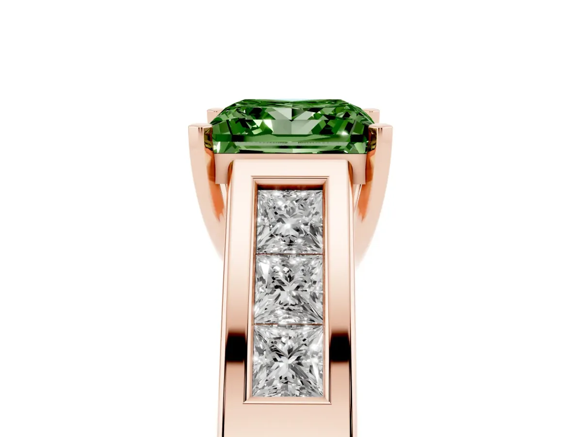 Fancy Green Princess Cut Cut Channel Set Solitaire Ring with Four-Prong Setting Rose gold