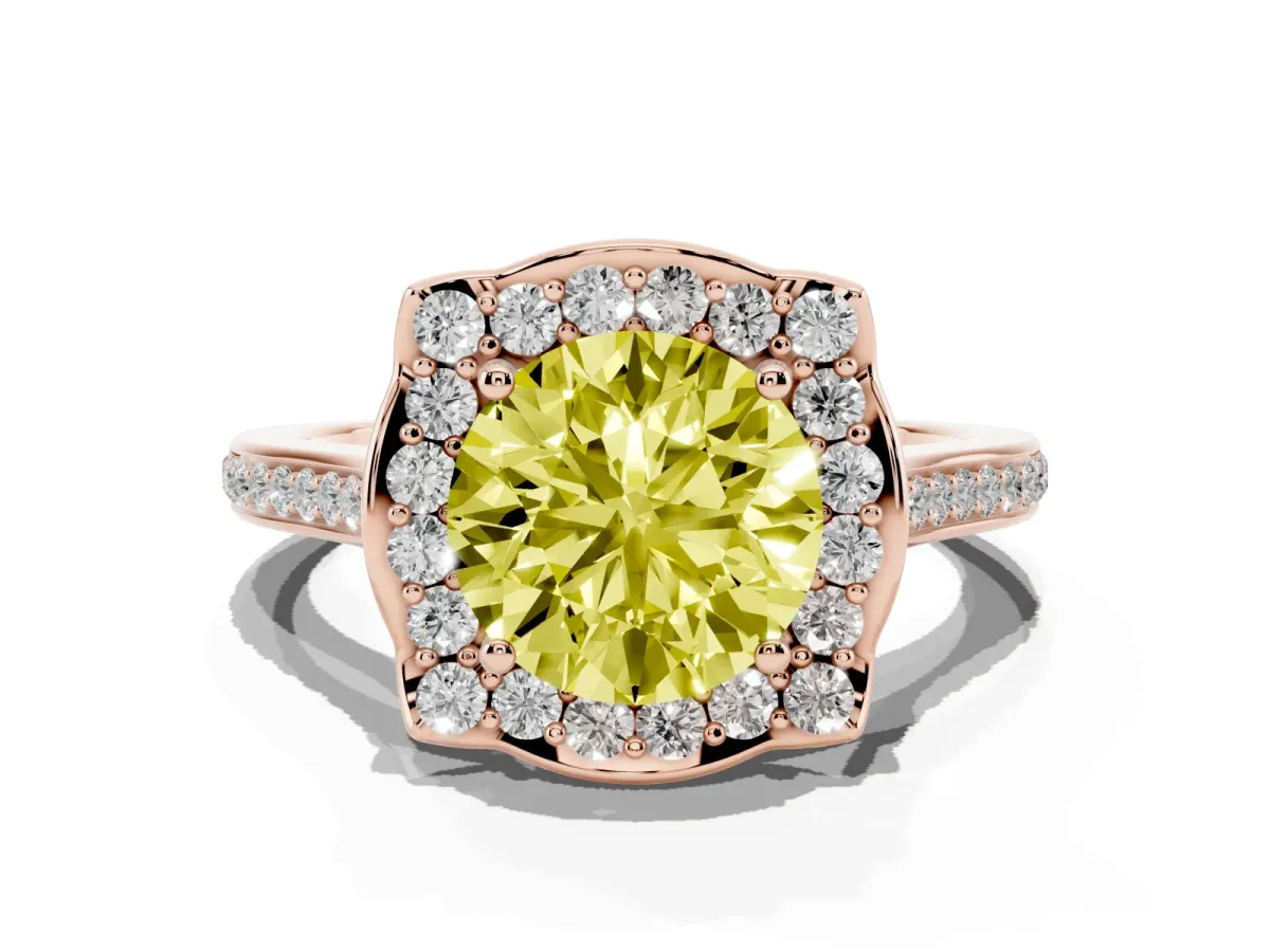 Fancy Yellow Round Cut Halo Round Diamond Pave Band with Four-Prong Setting Rose gold