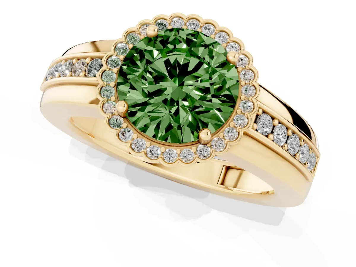 Fancy Green Round Cut Cut Halo Pave Band Four-Prong Ring Yellow gold