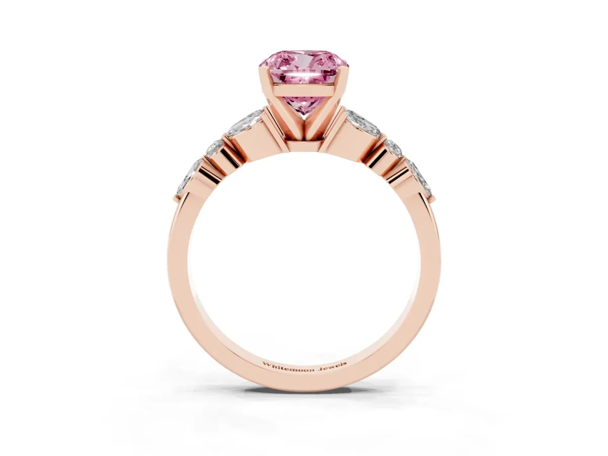 Fancy Pink Cushion Cut Diamond Solitaire Ring with Side Stones and Four-Prong Setting Rose gold