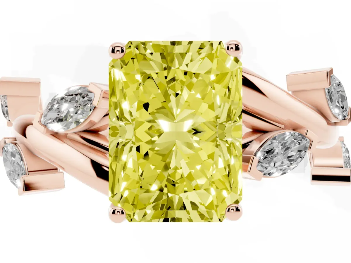 Fancy Yellow Radiant Cut Solitaire Twisted Band Marquise Accent Prong Setting Ring Rose gold