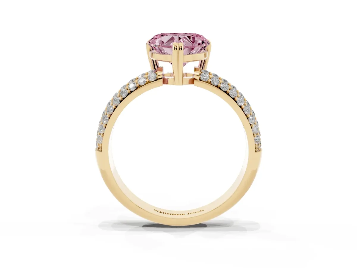 Fancy Pink Heart Cut Diamond Solitaire Ring with Multi-Row Round Pavé Band and Prong Setting Yellow gold