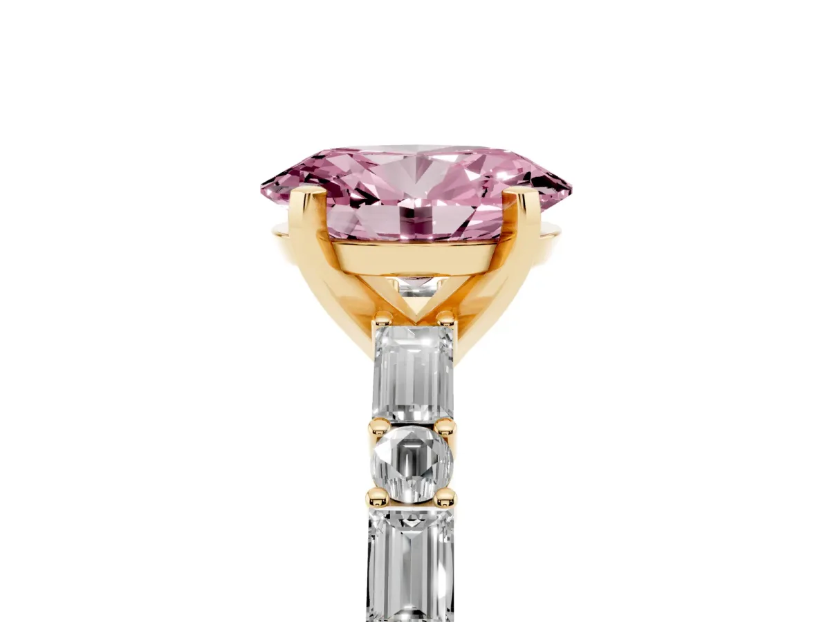 Fancy Pink Oval Cut Diamond Solitaire with Side Baguettes and Channel Set Band Yellow gold