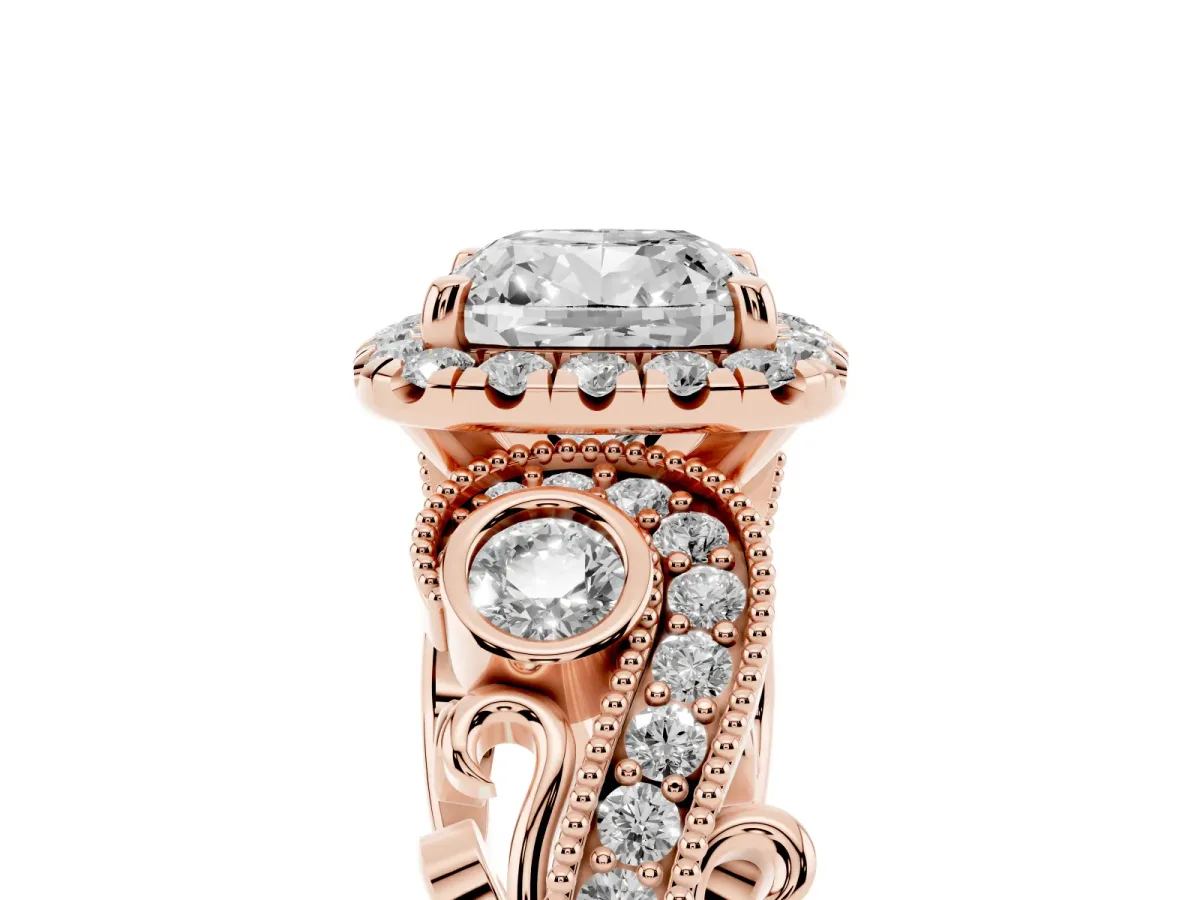 Cushion Cut Halo Diamond Ring with Milgrain and Bezel Accents on a Split Shank Band Rose gold