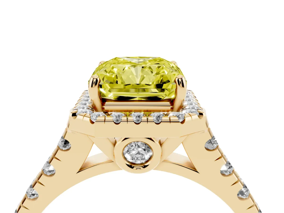 Fancy Yellow Radiant Cut Halo Pavé Diamond Engagement Ring with Four-Prong Setting Yellow gold