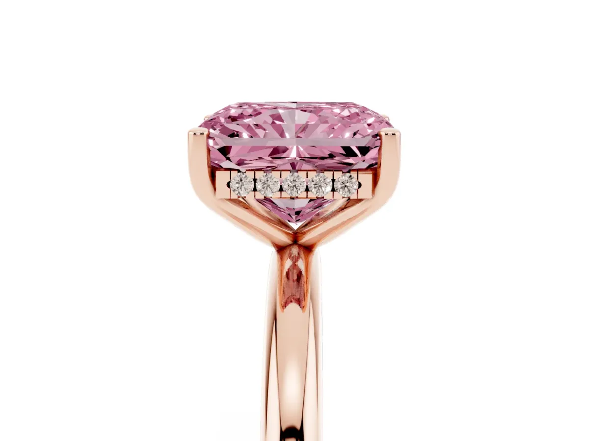 Fancy Pink Radiant Cut Cut Solitaire Engagement Ring with Four-Prong Setting and Classic Band Rose gold