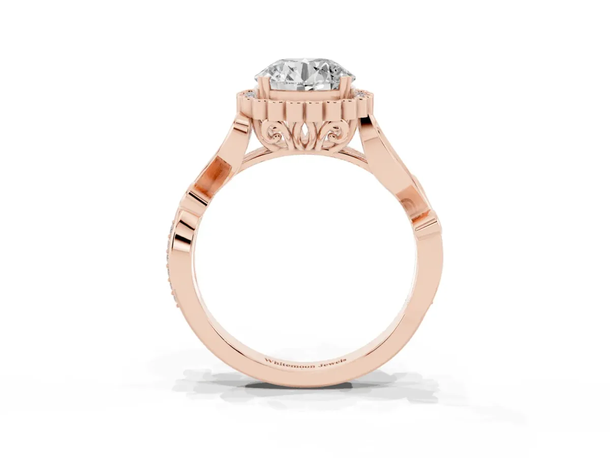 Round Cut Diamond Halo Ring with Vintage Split Shank and Four-Prong Setting Rose gold