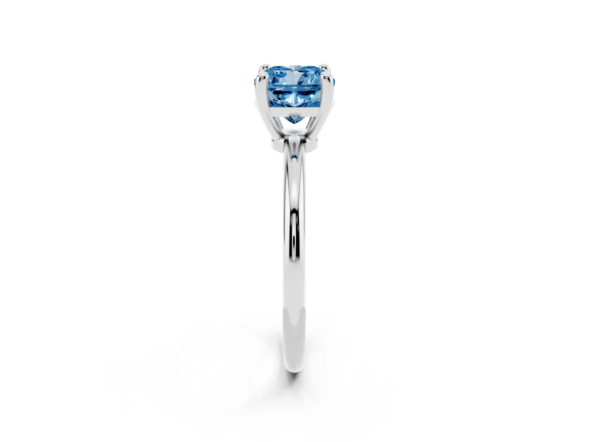 Fancy Blue Cushion Cut Solitaire Diamond Ring with 4-Prong Setting on a Classic Band Silver
