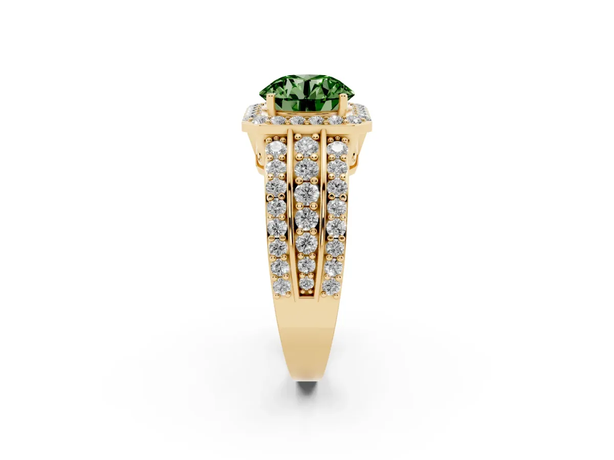 Fancy Green Round Cut Halo Diamond Ring with Round Split Shank and Prong Setting Yellow gold