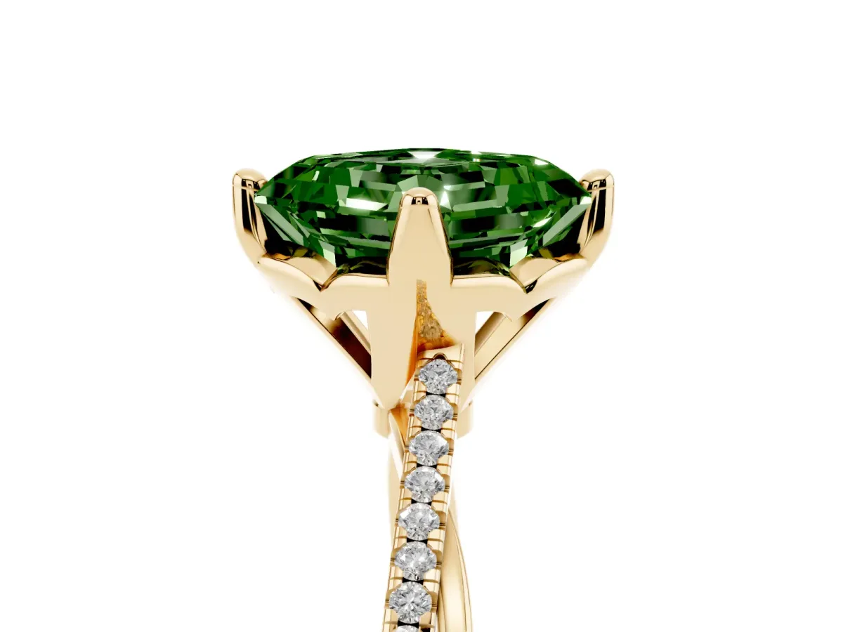 Fancy Green Asscher Cut Solitaire Twist Band with Pavé Diamonds and Four-Prong Setting Yellow gold